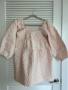 Flower Blush Pink Jacquard Puff Sleeve Mini Dress Size S Cottagecore Boho Rush